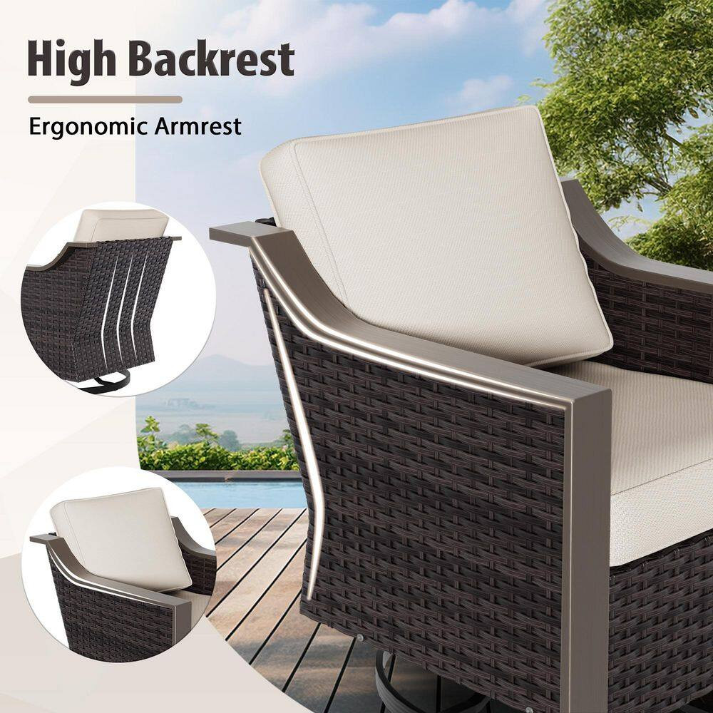 2-Piece Brown Wicker Outdoor Rocking Chair Patio Swivel Chair Set with Beige Cus