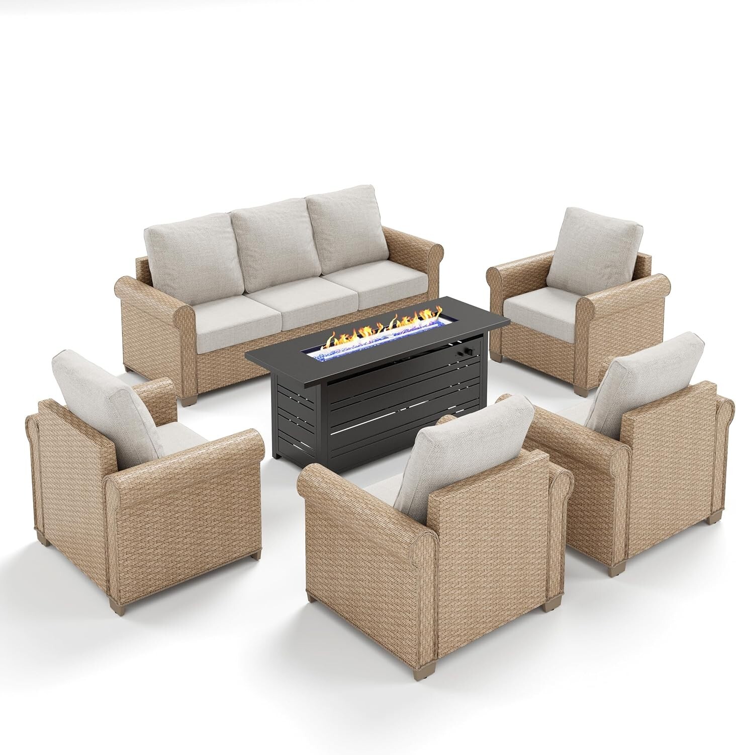 6 Pieces Patio Furniture Set with Fire Pit Table Wicker Outdoor Conversation Set