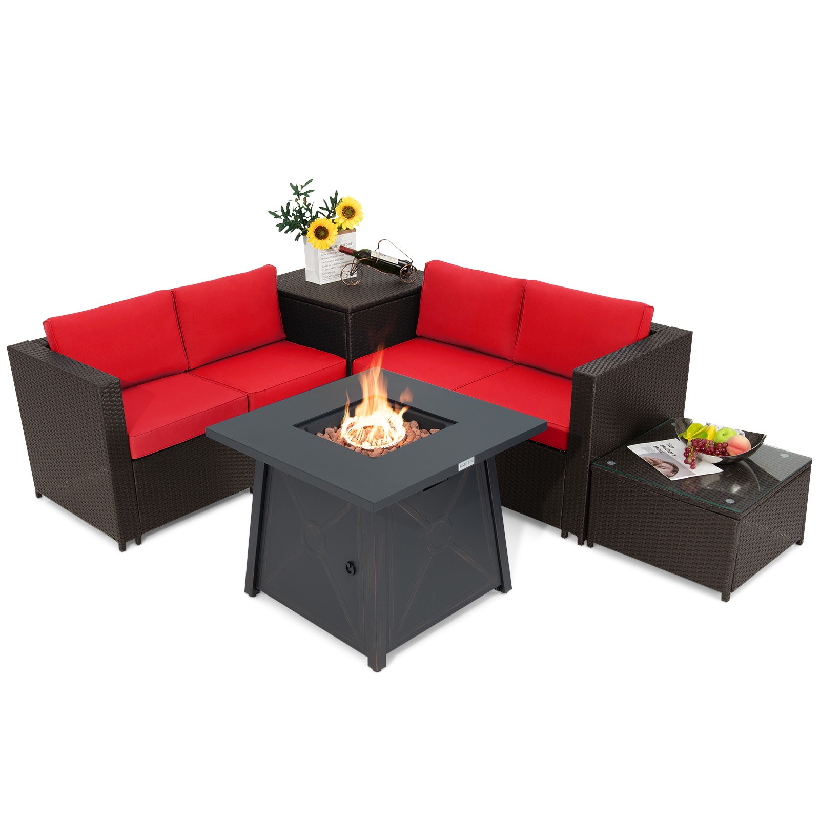 Patiojoy 5PCS Patio Rattan Furniture Set 30″ Gas Fire Pit Table W/Cover Red