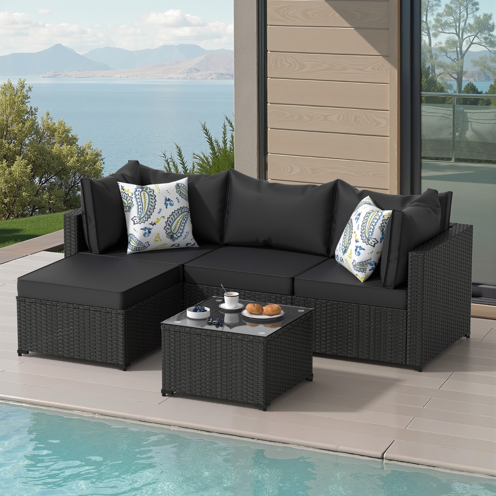 5PCS Patio Furniture Set All Weather Outdoor Sectional Sofa w/ Cushion PE Rattan