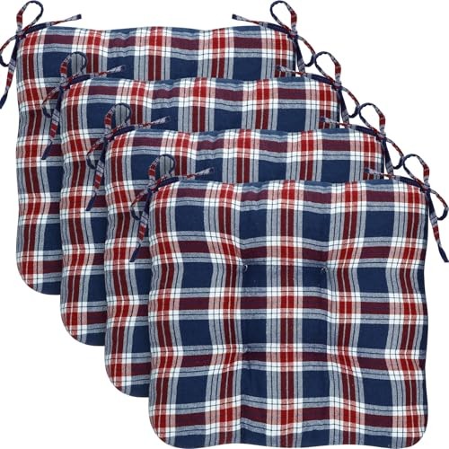 Set of 4 Navy and Red Plaid Chair Cushions with Ties for Dining Chairs