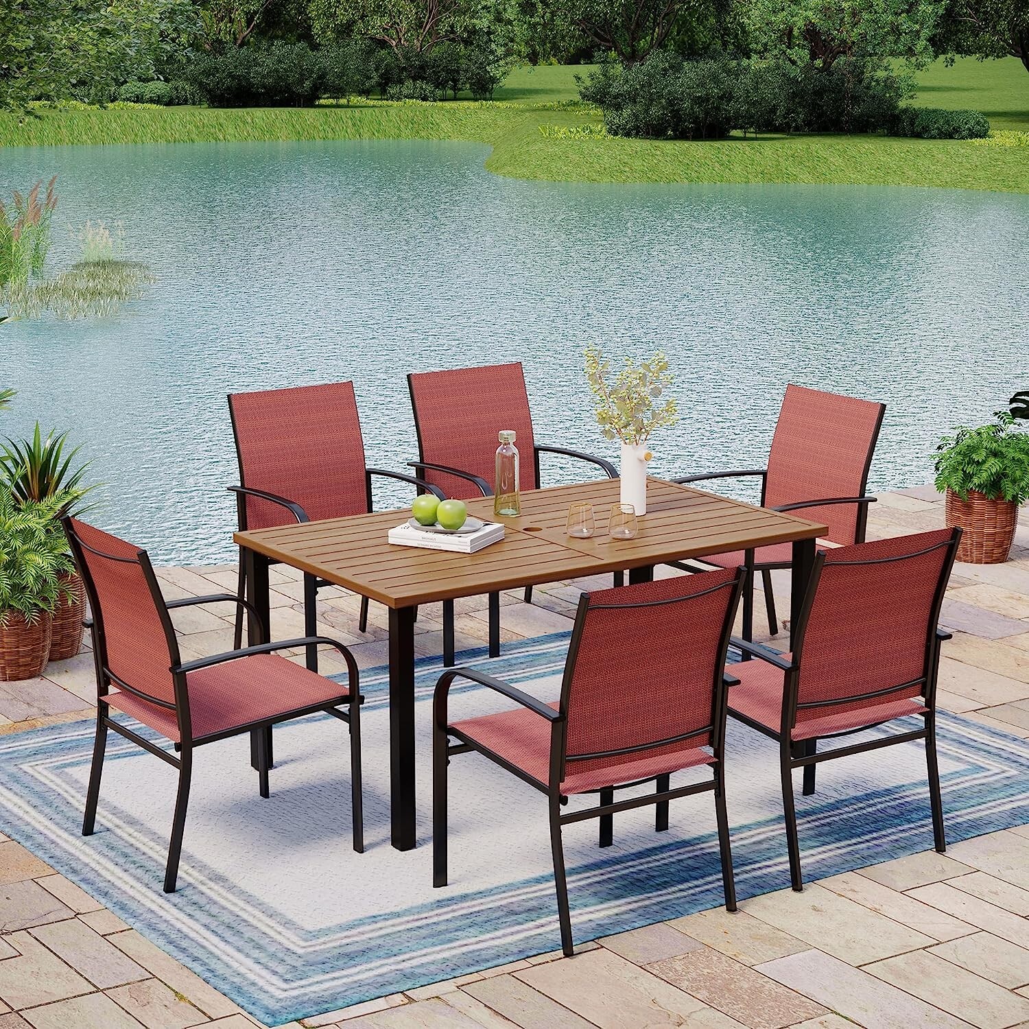 7 Piece Patio Furniture Set Outdoor Dining Set with 6 Chairs Rectangle Table Red