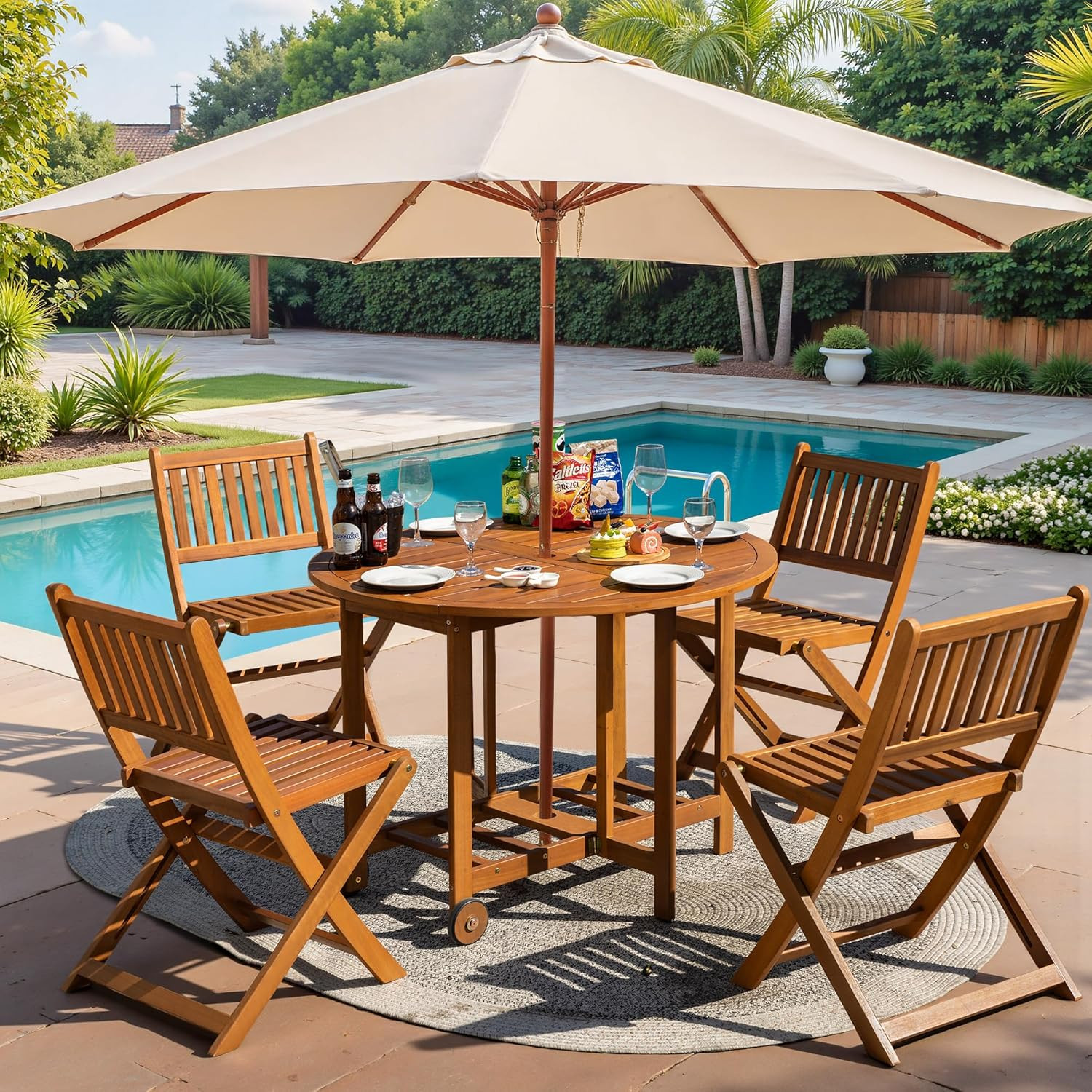 Light Brown 5-Piece Acacia Wood Patio Dining Set – Folding Table & Chairs