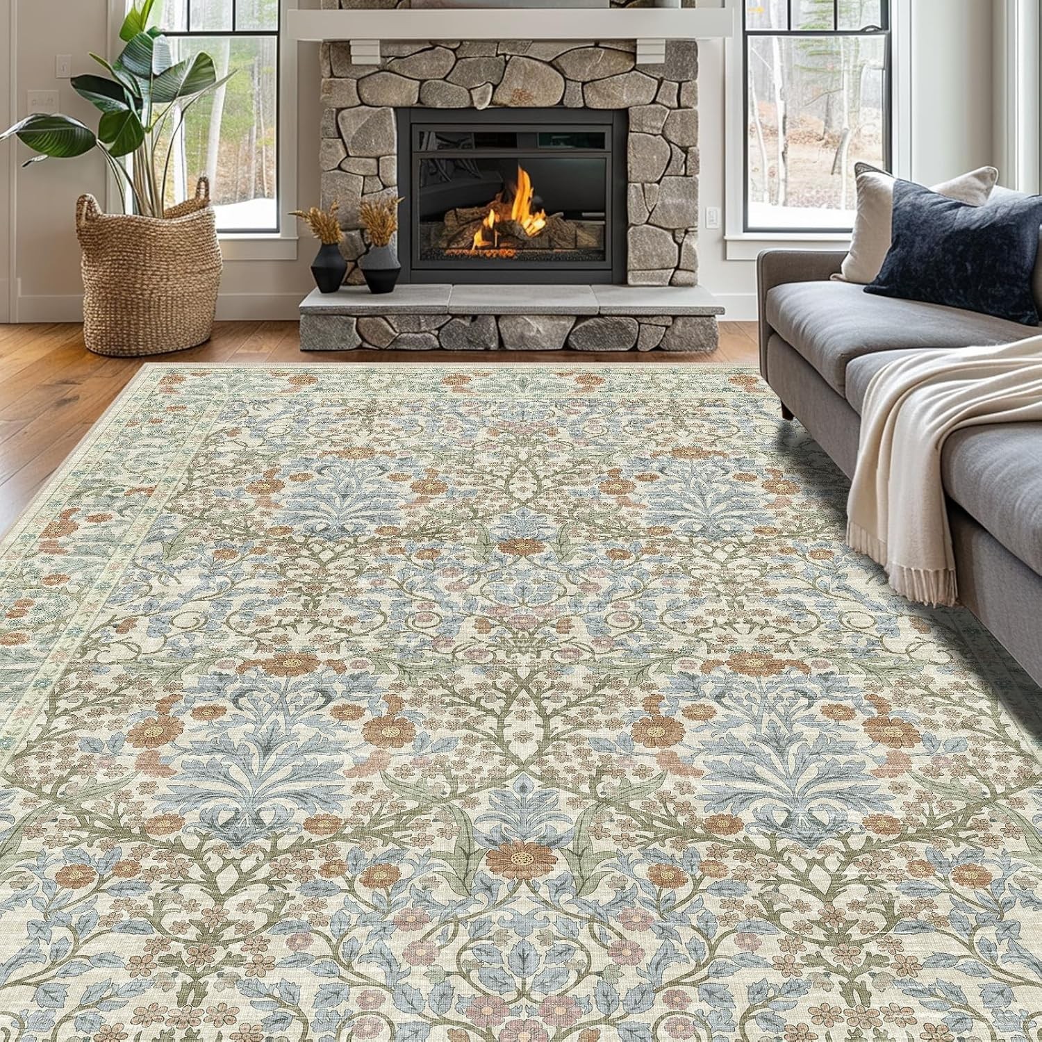 Vinta Bei Blue Living Room Rug, 8×10 Washable Area Rugs for Dining