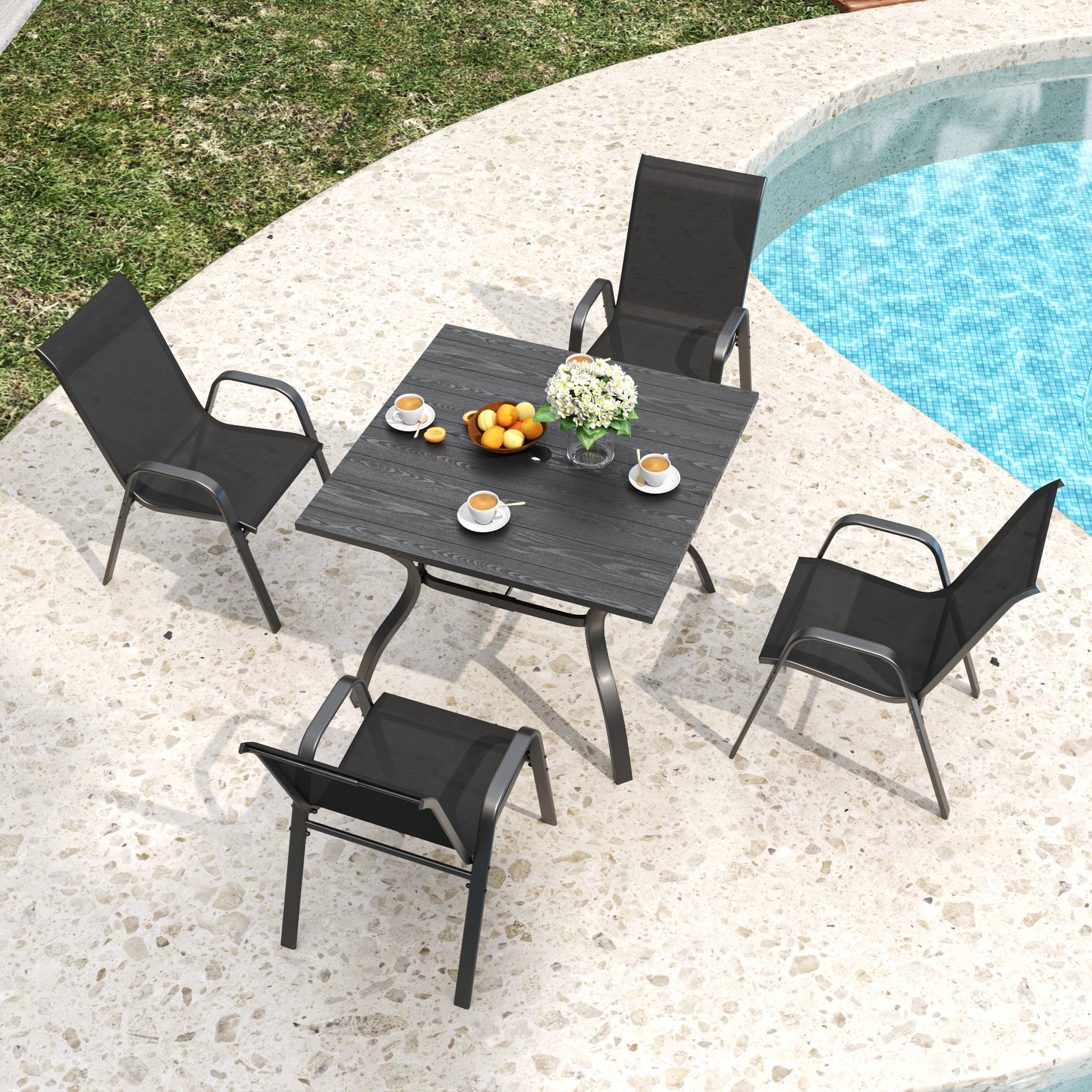 5 Piece Outdoor Patio Dining Set Wood Grain Table 4 Stacking Chairs Black