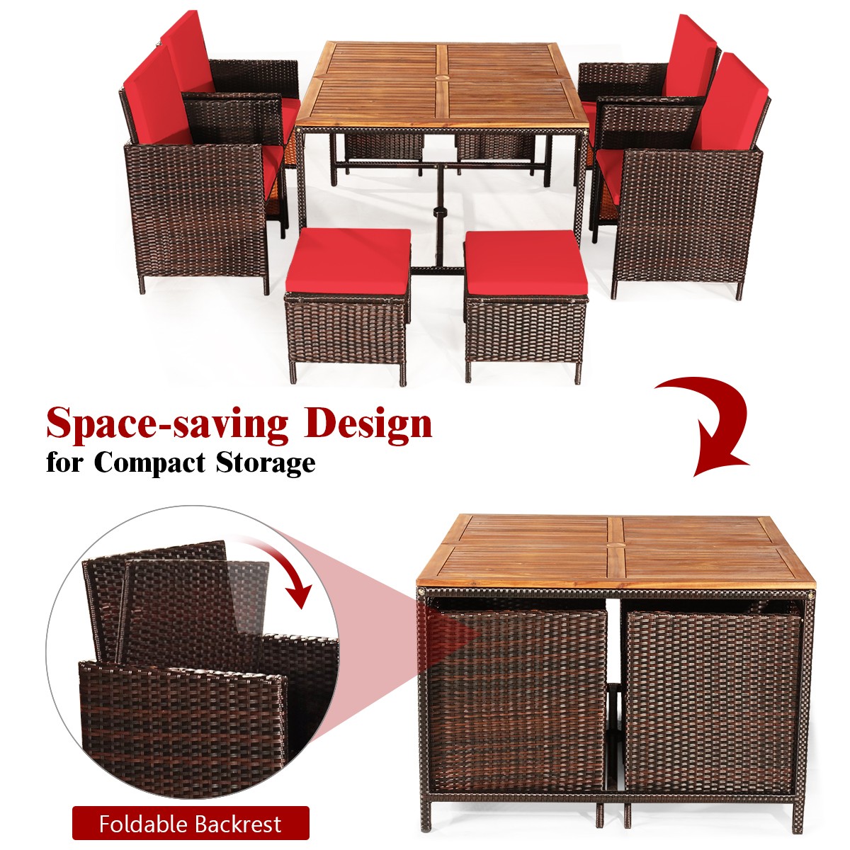 9PCS Patio Rattan Dining Set Cushioned Chairs Ottoman Wood Table Top Red