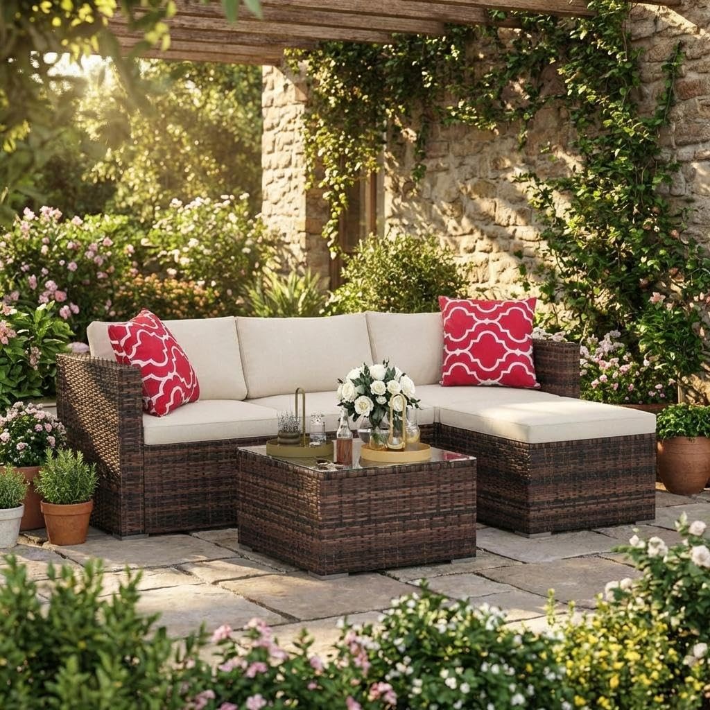 5 Piece L Shaped Patio Set with Glass Table
