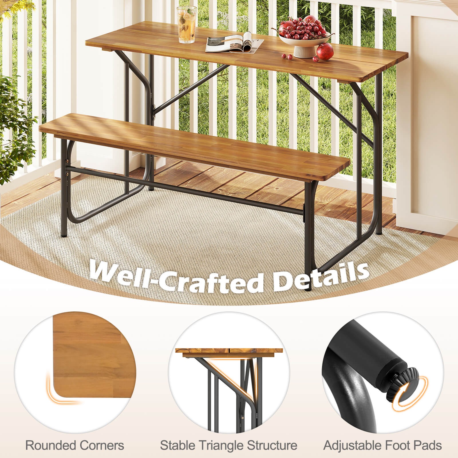 Patio Table Bench Set for 2 Picnic Table & Loveseat w/Acacia Wood Top Metal Legs