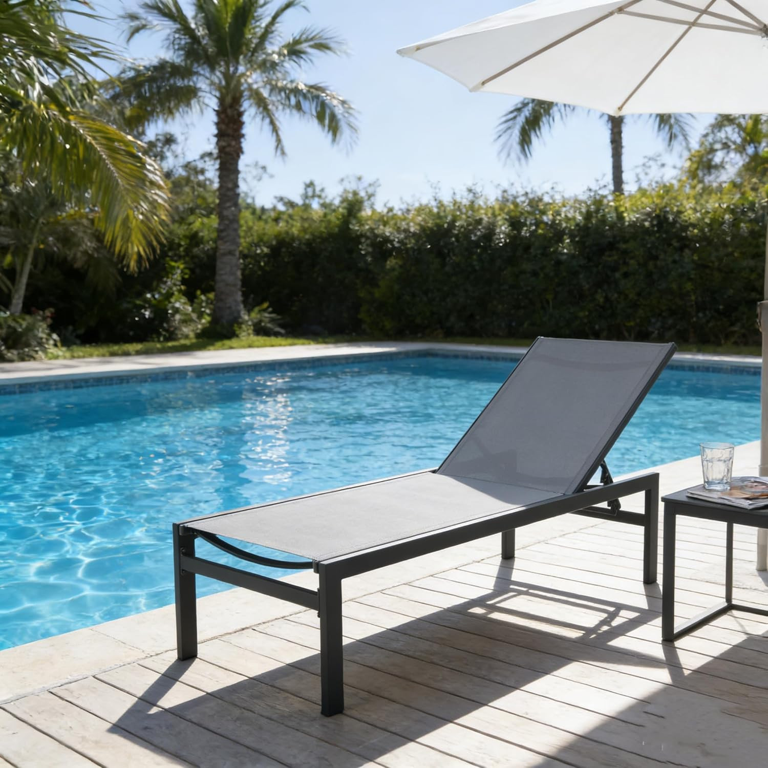 Outdoor Chaise Lounge, Aluminum Frame and Textilene Fabric, Adjustable Reclining