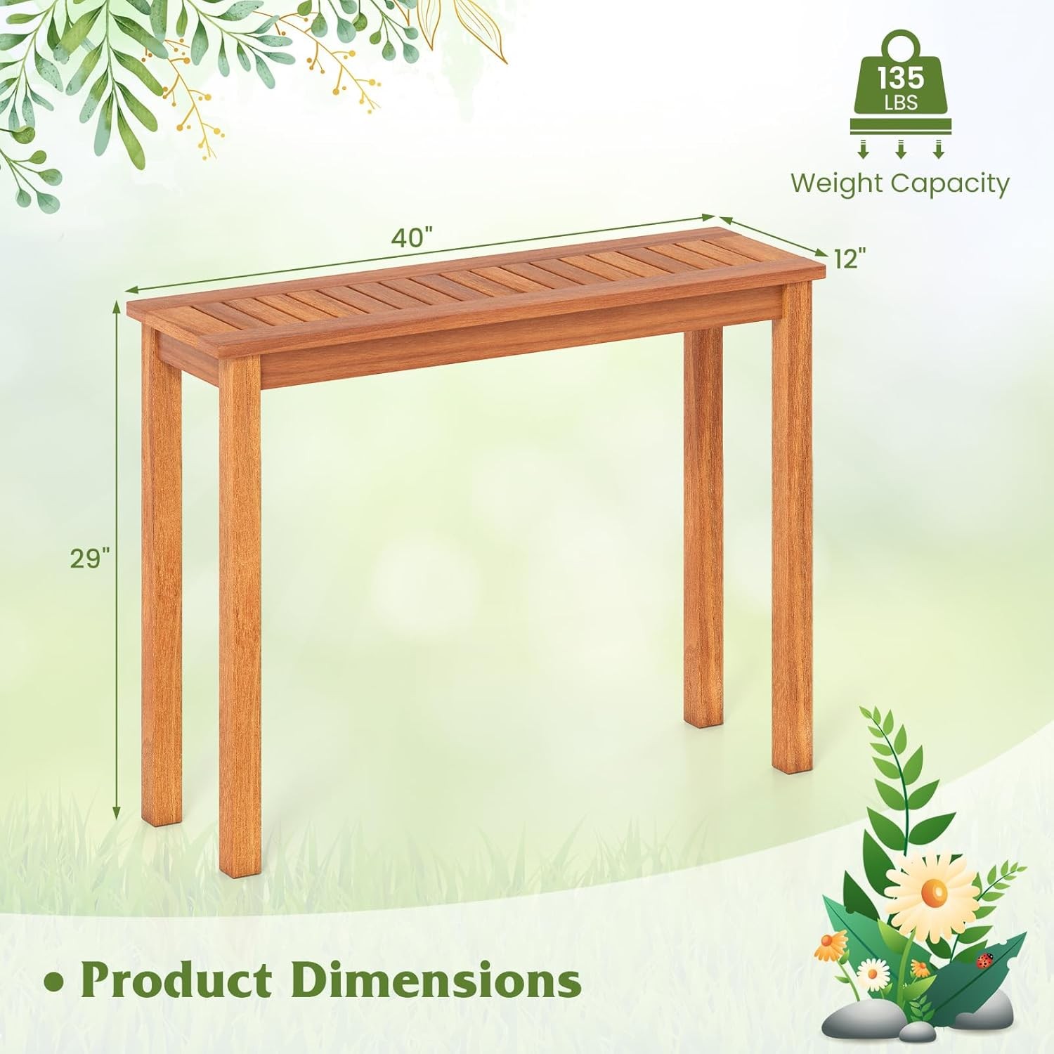 Narrow Outdoor Dining Table, Solid Wood Furniture Patio Console Table with