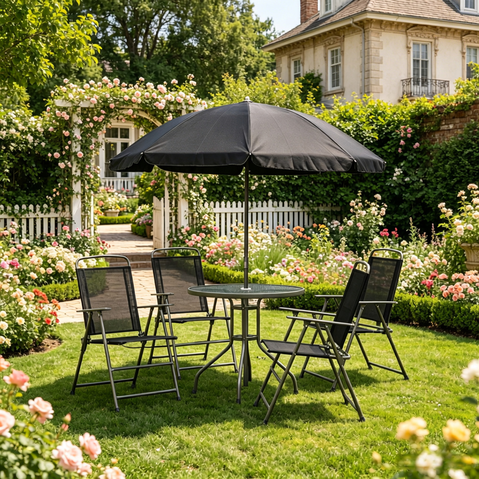 6-Piece Outdoor Dining Furniture Set w/ Umbrella, Table & 4 Chairs
