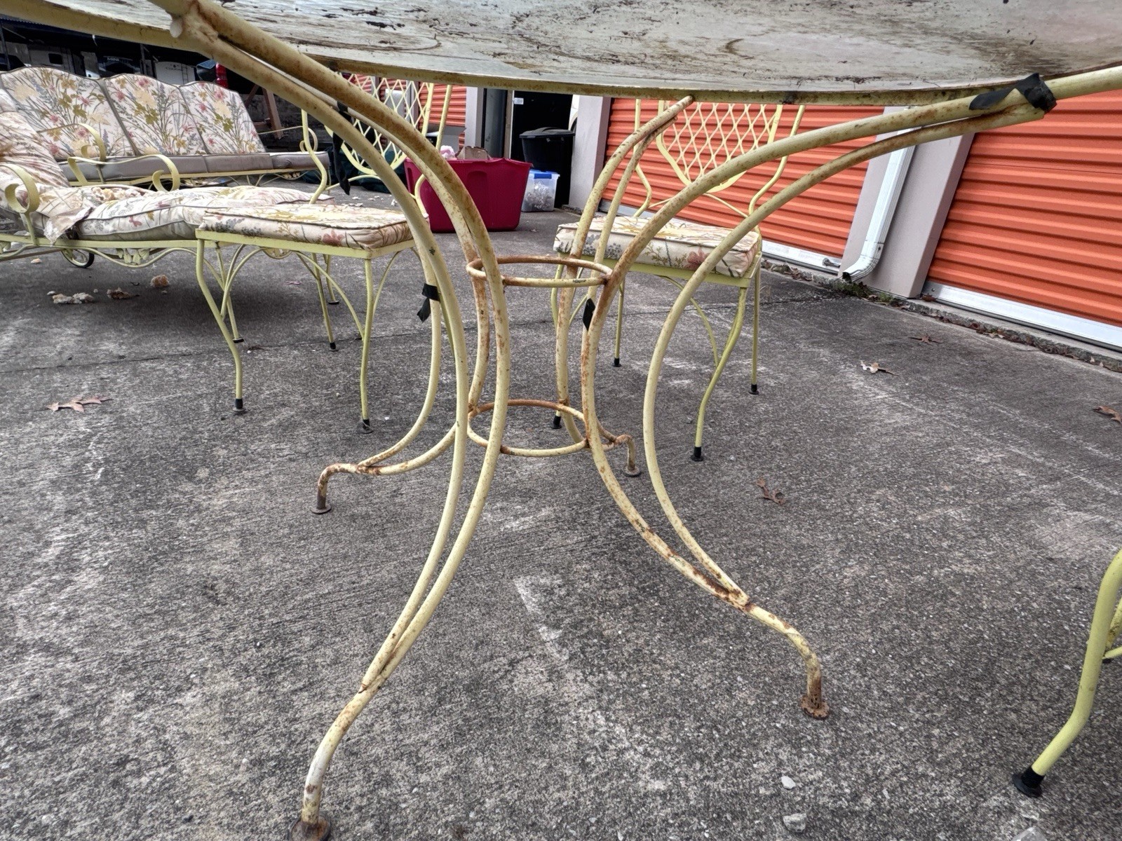 Yellow vintage Wrought Iron Patio Set with Floral Cushions, Table, Chairs, Sofa
