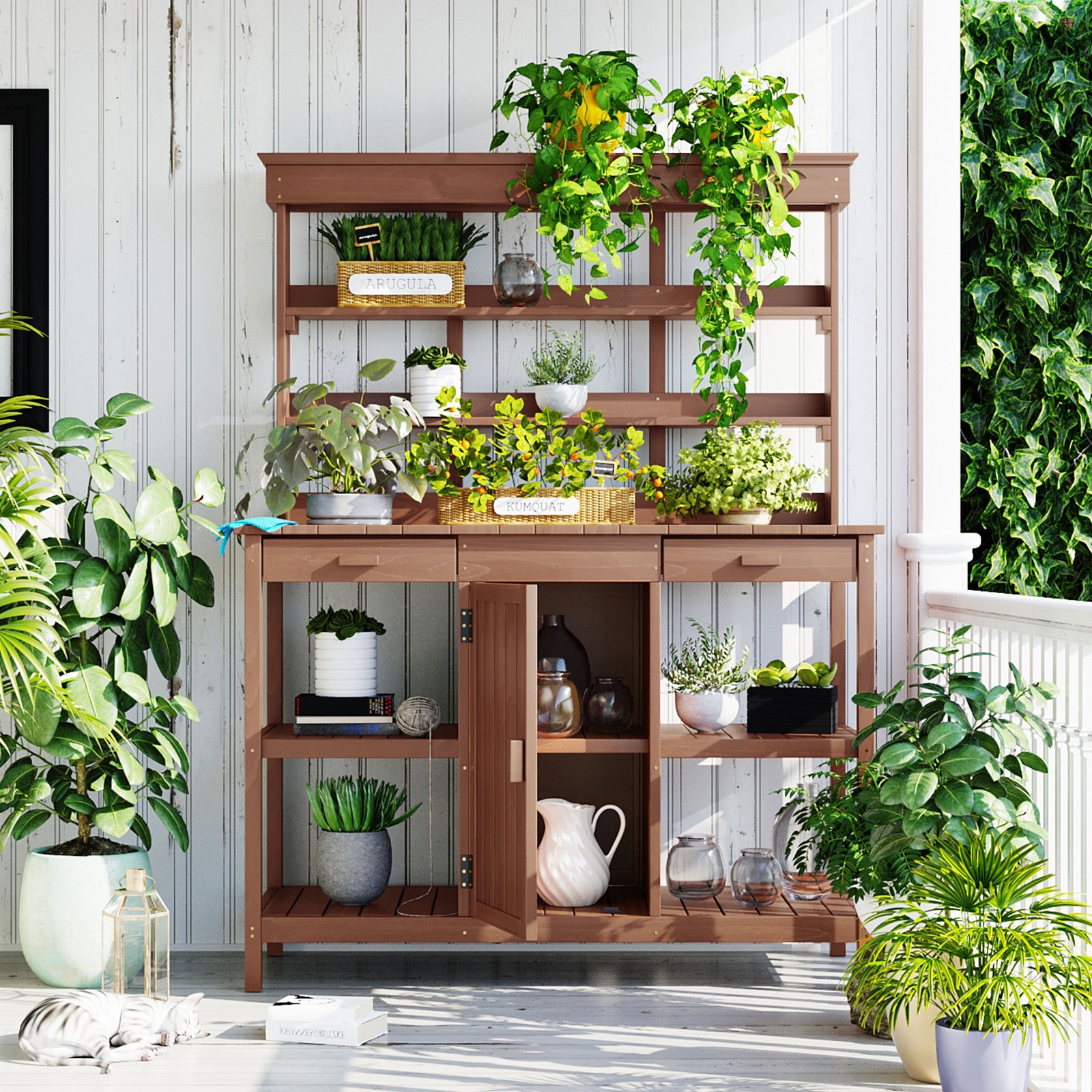 66″ Wooden Potting Bench Table, Garden Workstation with Drawers & Shelves