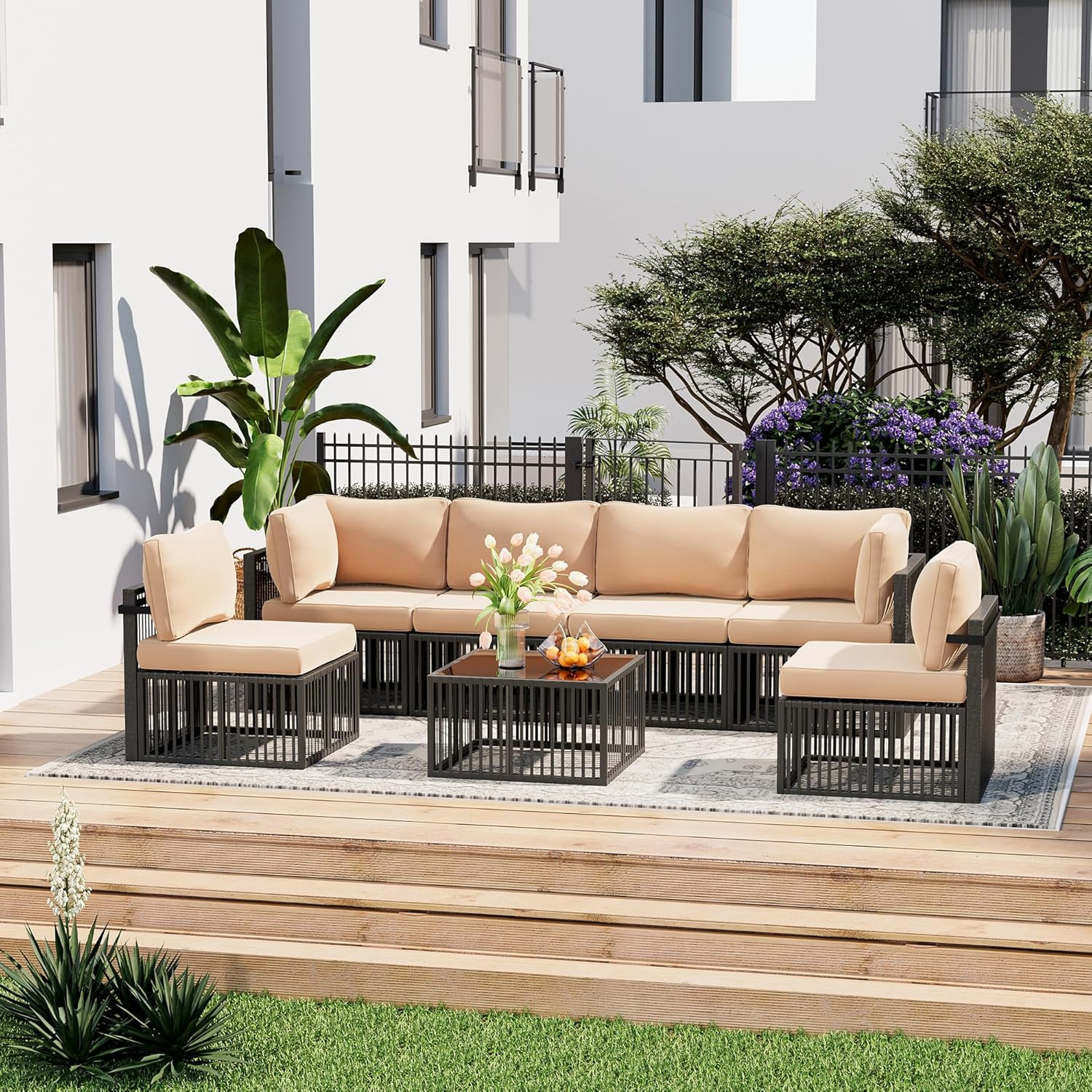 Large 7-Piece Wicker Outdoor Sectional Set with Washable Cushions and Table