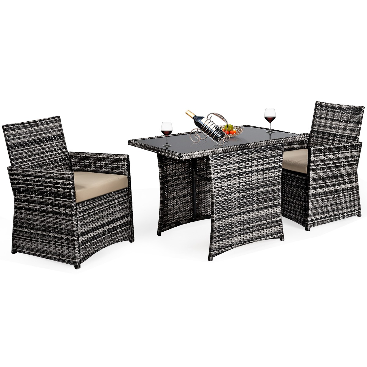 Patio 3PCS Rattan Wicker Furniture Set Cushioned Sofa W/ Armrest Mix Gray