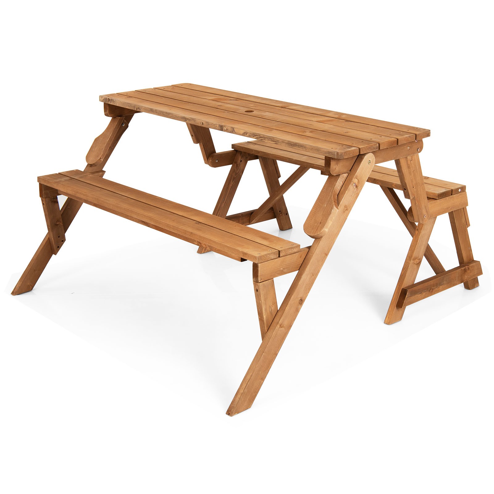 2-in-1 Interchangeable Transforming Wooden Picnic Table Bench w/ Umbrella Hole
