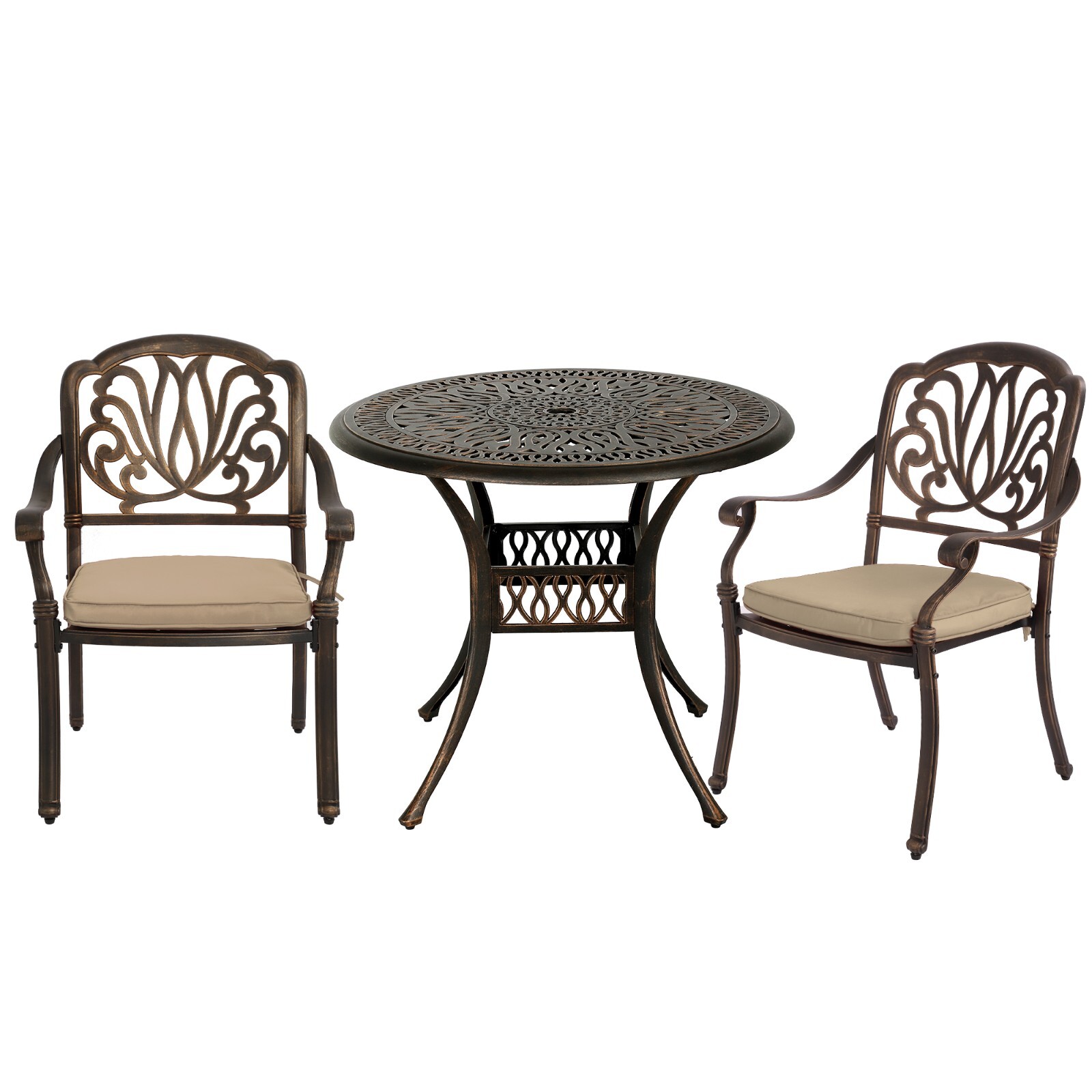 Outdoor 35.4″ Round Table with Umbrella Hole and 2 Chairs Furniture Set
