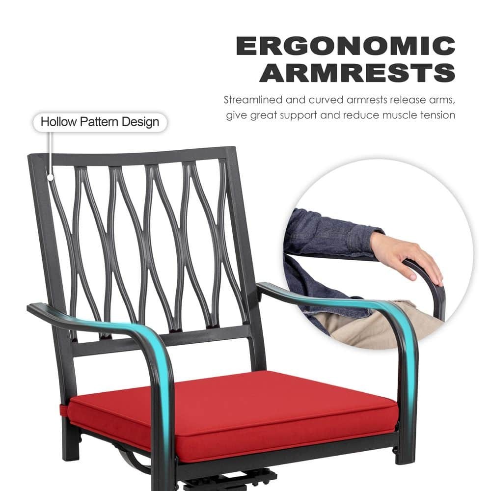 7-Piece Metal Rectangle Outdoor Dining Set w/ Red Cushions Swivel Chairs Patio