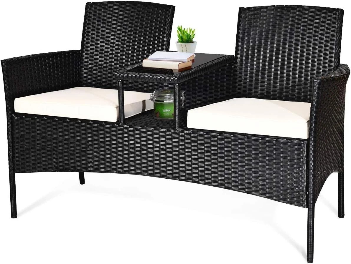 Modern Wicker Patio Conversation Set with Removable Cushions & Glass Table