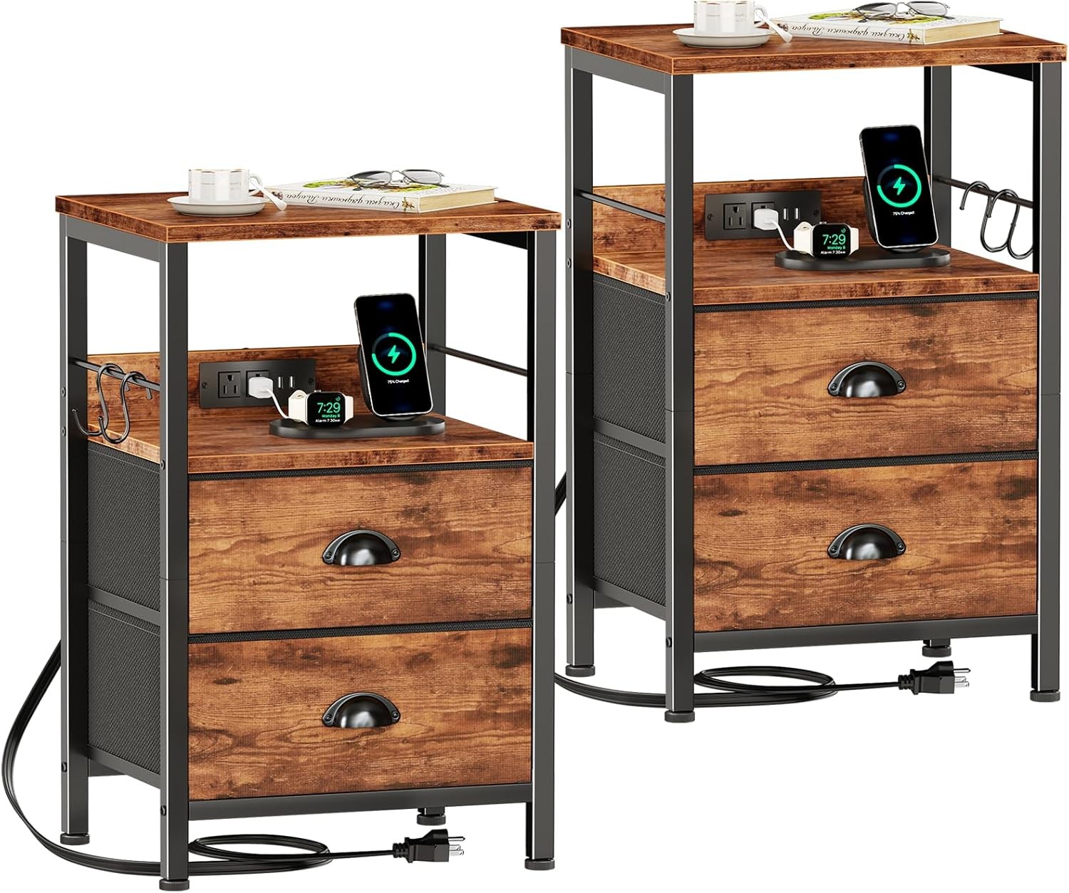 Nightstand Set of 2, Rustic Brown, with Charging Stat and USB