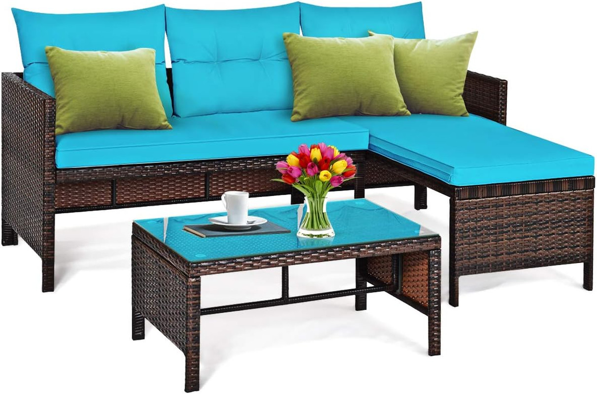Wicker Patio Furniture Set Couch 3 Piece, L-Shaped PE Rattan Outdoor Sectional S