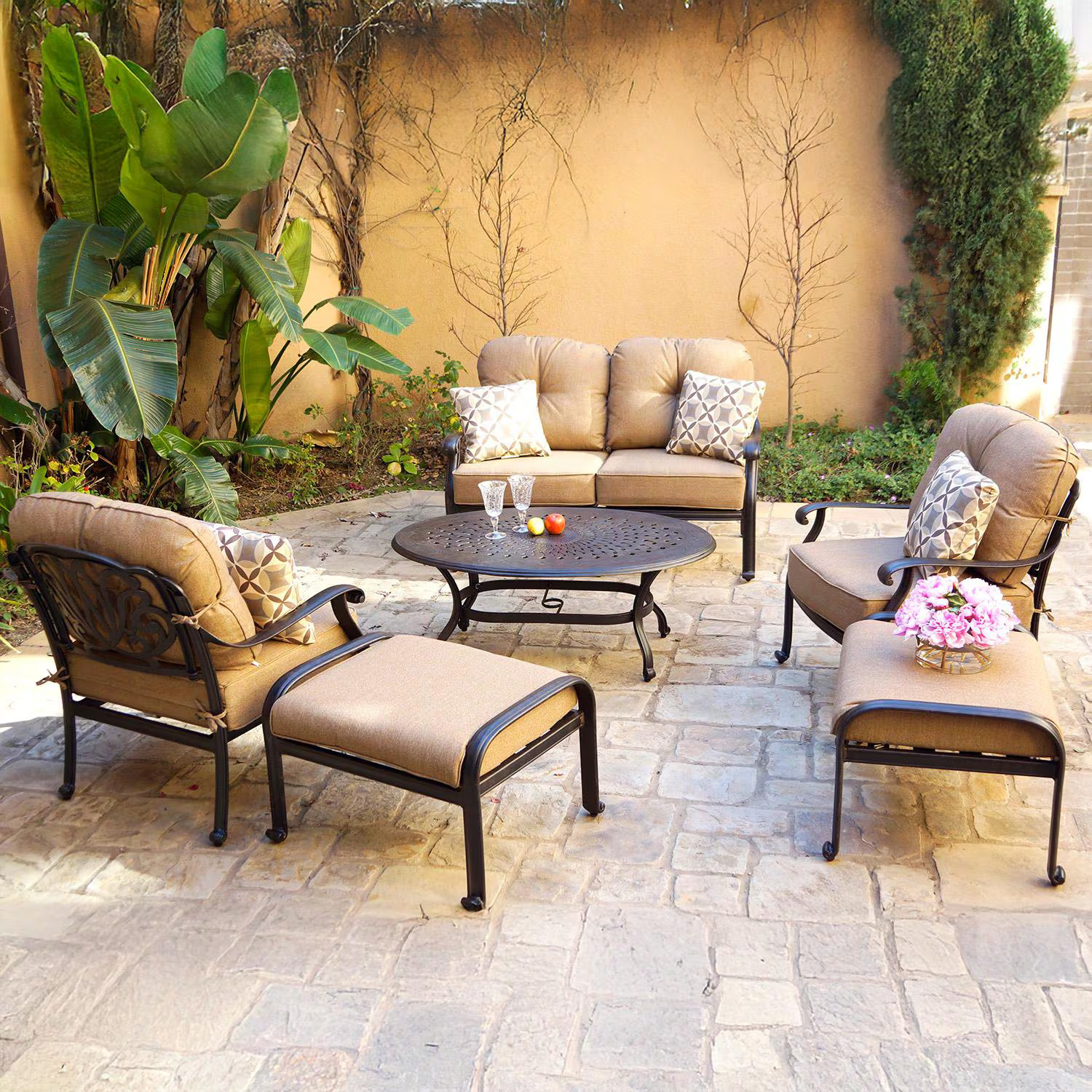 Elisabeth 6 Pc Cast Aluminum Loveseat Seating Set 46 X 31 Inch Oval Table &