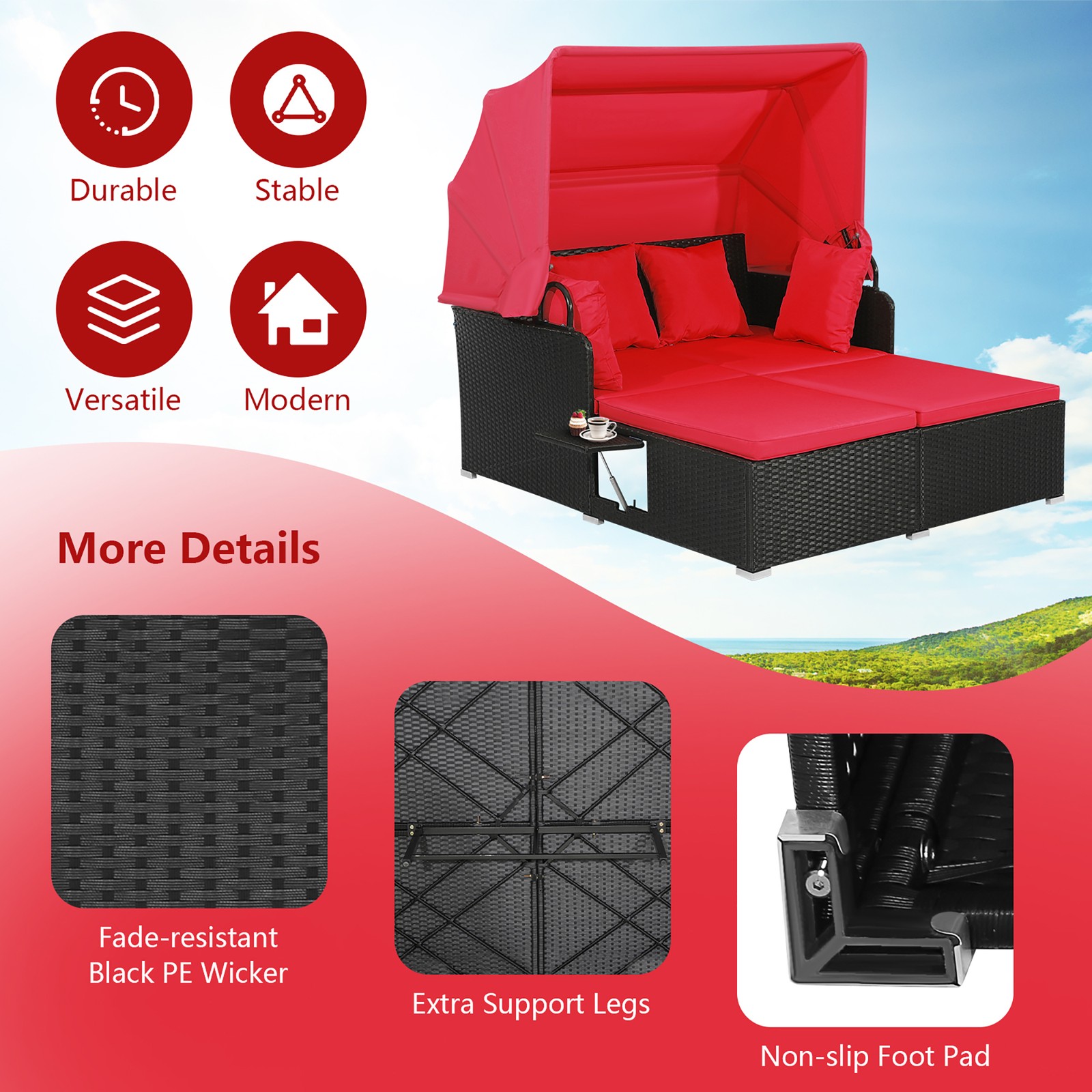 Patio Hand-Woven PE Wicker Daybed Outdoor Loveseat Sofa Set w/ Red Cushions