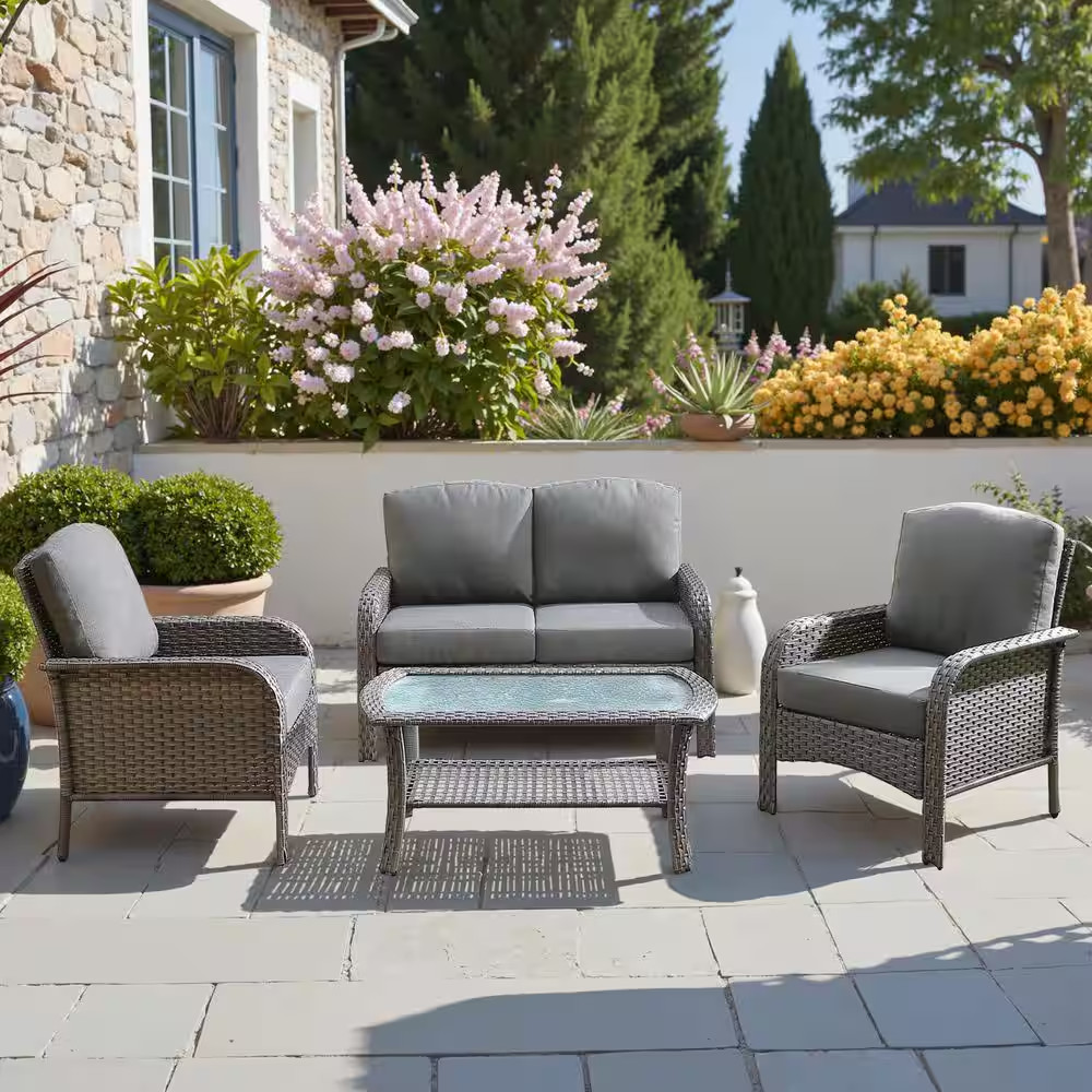 Venice Gray 4-Piece Wicker Modern Outdoor Patio Conversation Sofa Seating Set wi