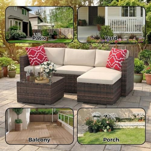 5 Piece L Shaped Patio Set Brown Wicker