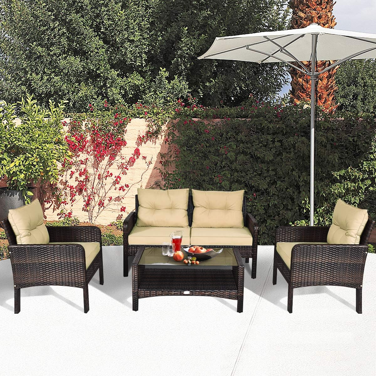 HAPPYGRILL 4-Piece Patio Furniture Outdoor Rattan Wicker Sofa Set with Cushions
