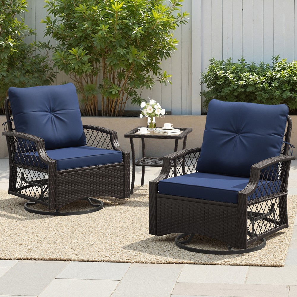 3-Piece Patio Set, Wicker Swivel Chairs with Cushions and Side Table for Yard