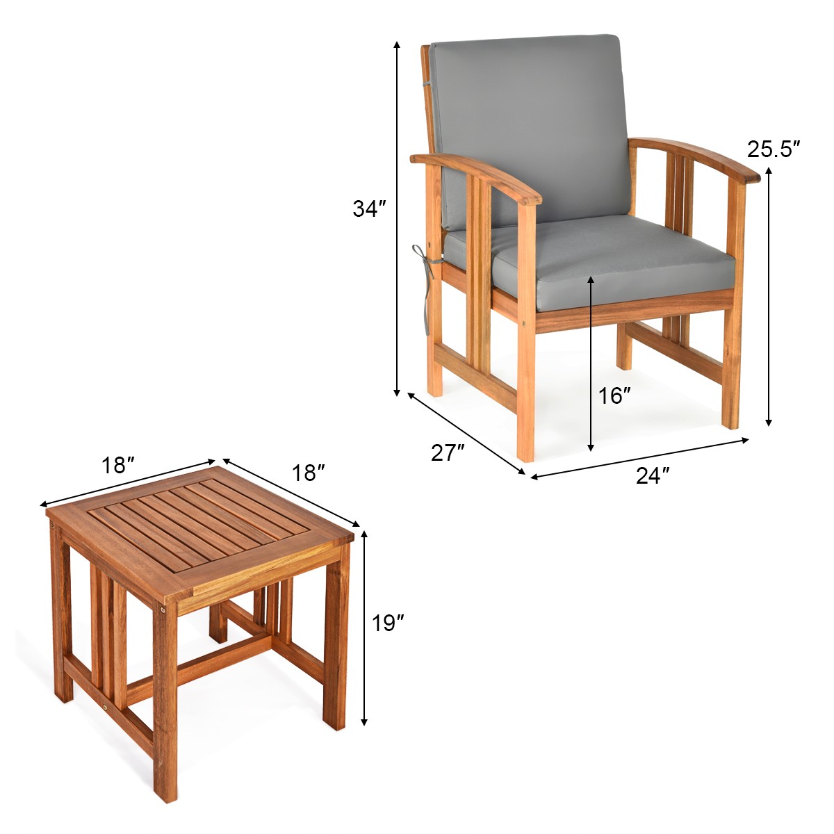 3 PCS Patio Furniture Set Solid Wood Cushioned Sofa Conversation Set Deck Grey