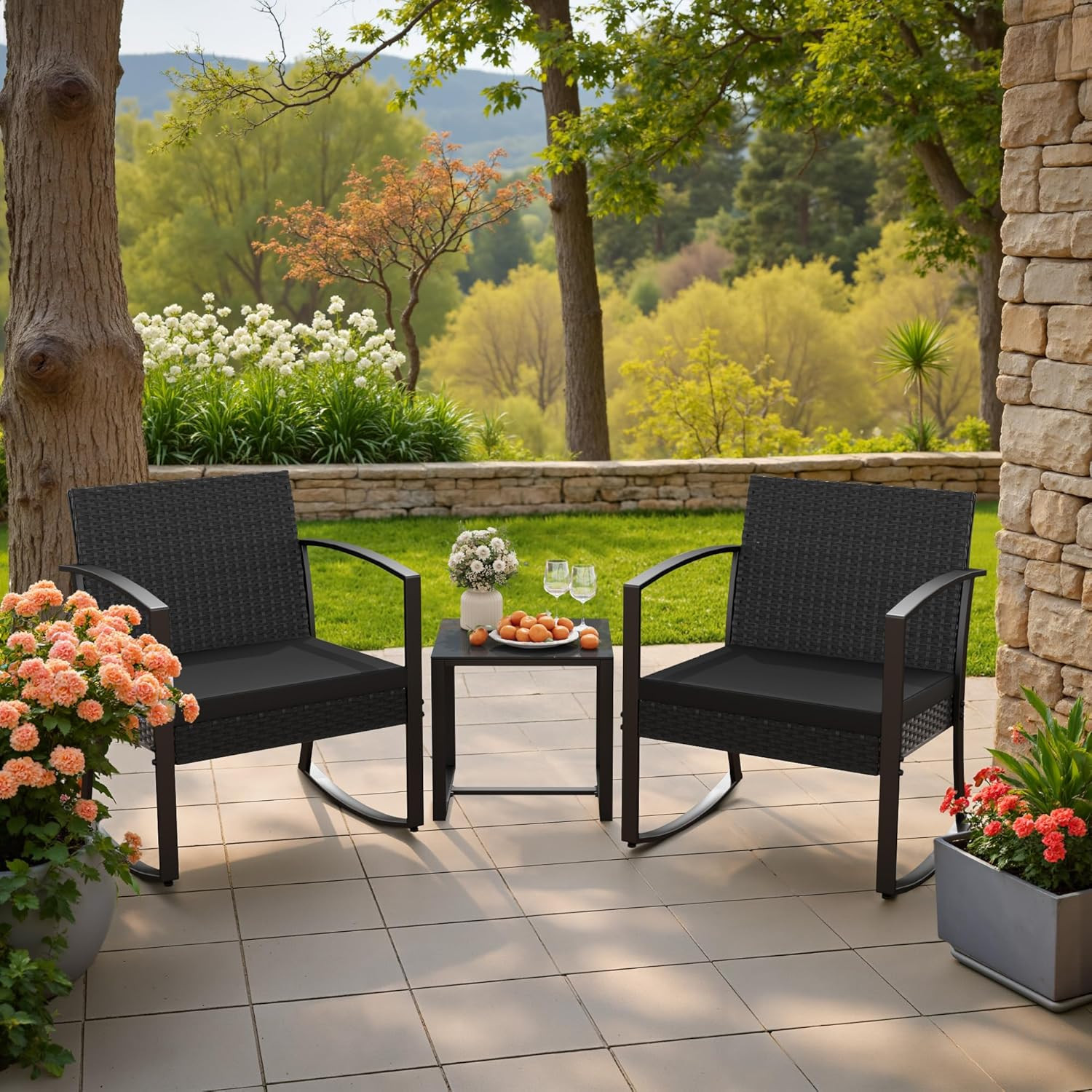3-Piece Black Resin Outdoor Bistro Set with Rocking Chairs and Cushions