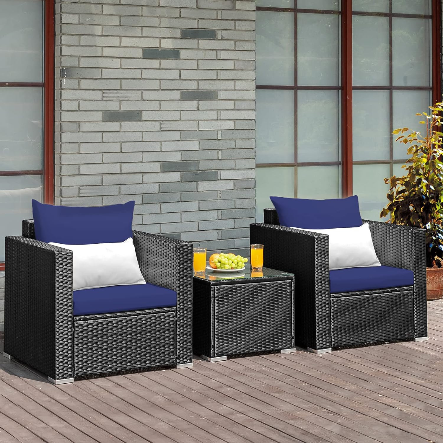 Navy Blue 3-Piece Patio Furniture Set with Cushions & Glass Tabletop