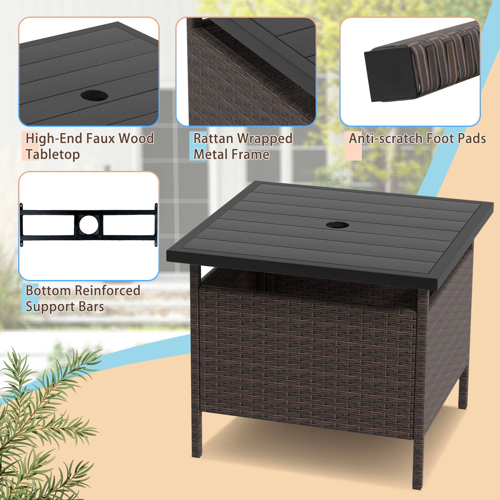 Patio 22″ Rattan Square Side End Table Garden Bistro Umbrella Stand Table W/Hole