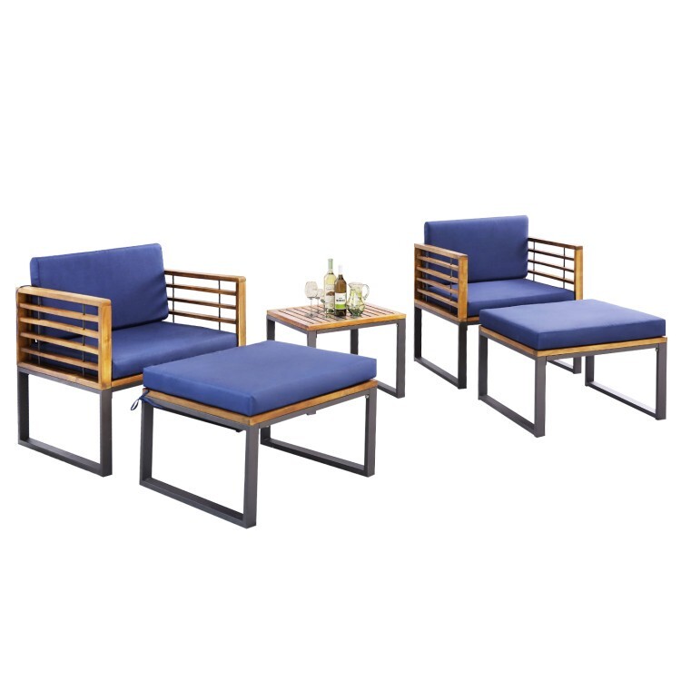 5PCS Patio Outdoor Furniture Acacia Wood Chair Set w/Ottomans and Coffee Table