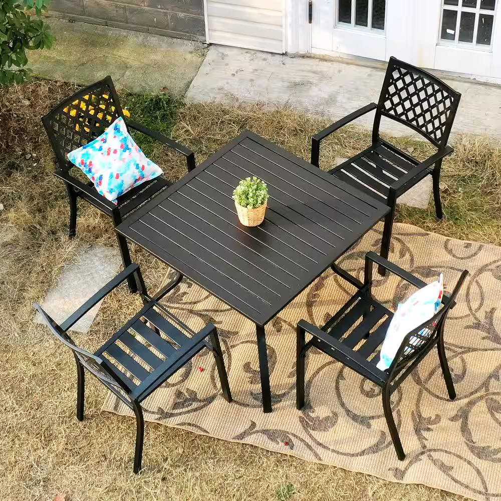 Black 5-Piece Metal Outdoor Patio Dining Set with Slat Square Table and Elegant