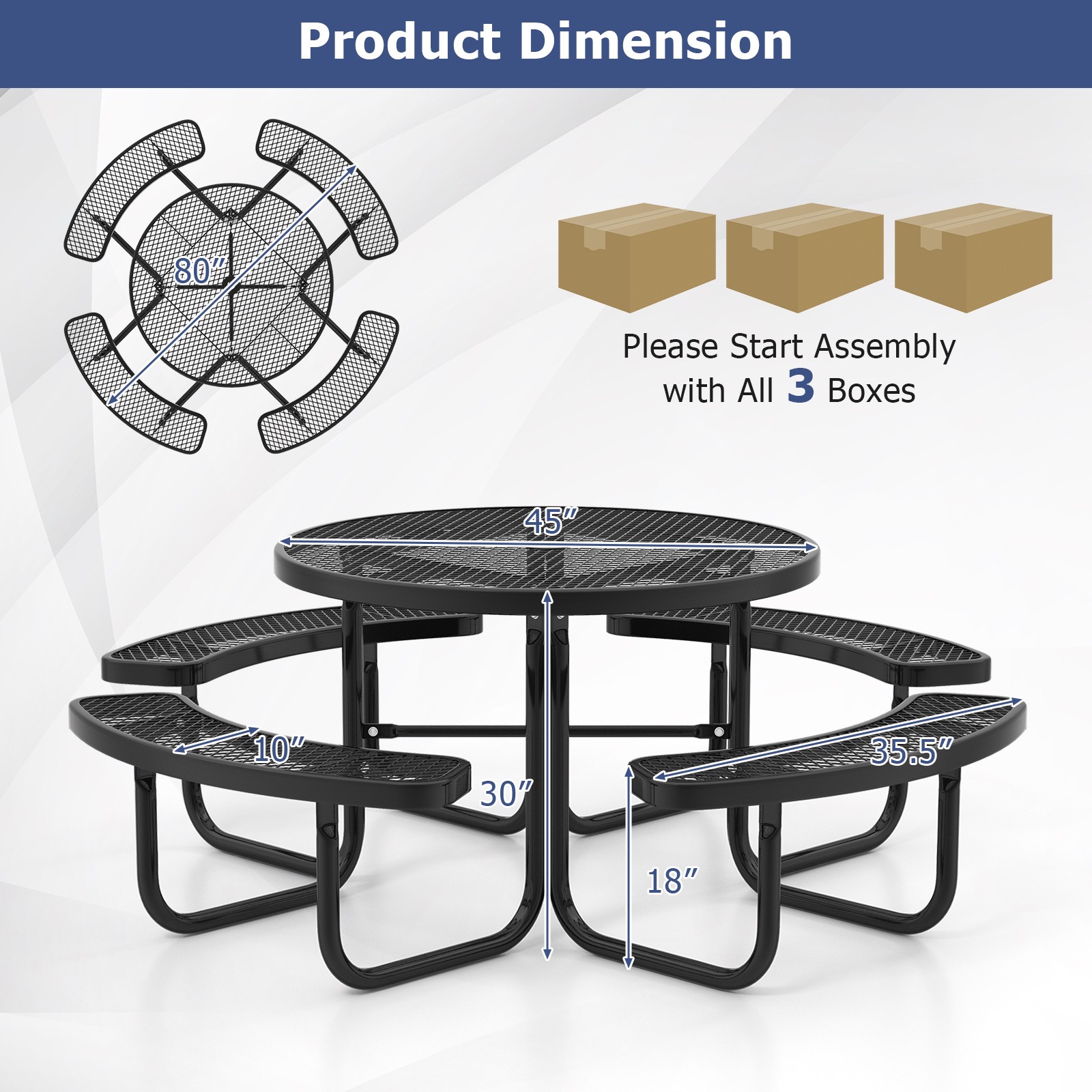 45″ Outdoor Round Picnic Table Bench Set for 8 w/ Umbrella Hole BLK