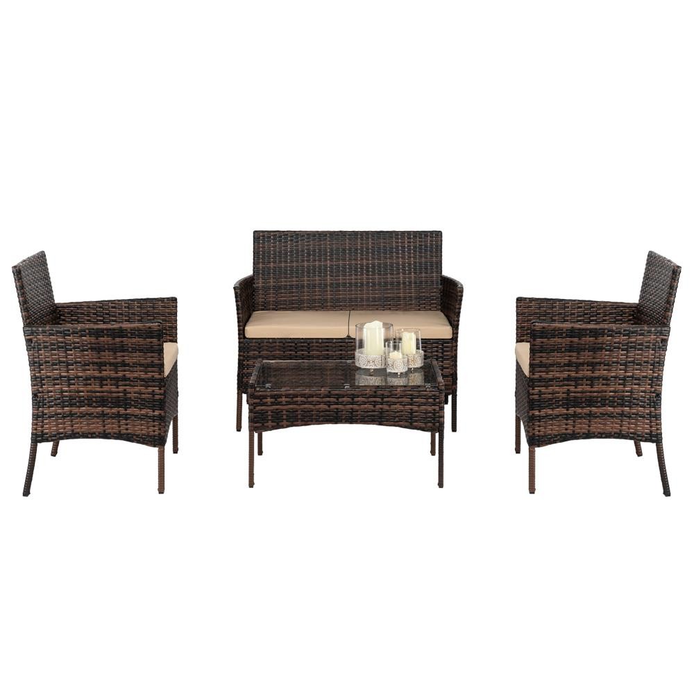 4 Pieces Outdoor Patio Rattan Wicker Table Sofa Furniture Set w/ Cushion