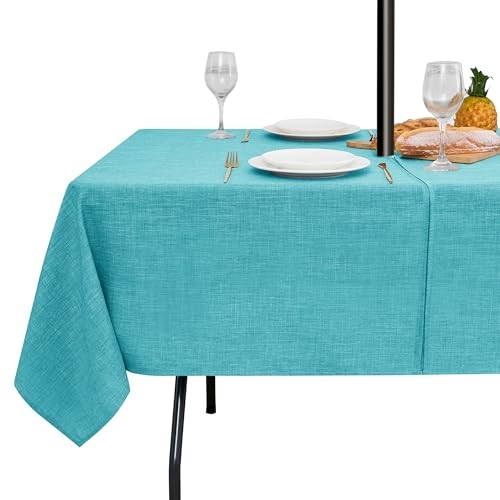 Outdoor Tablecloth with Umbrella Hole – Patio 84″ x 60″ (Rectangular) Teal