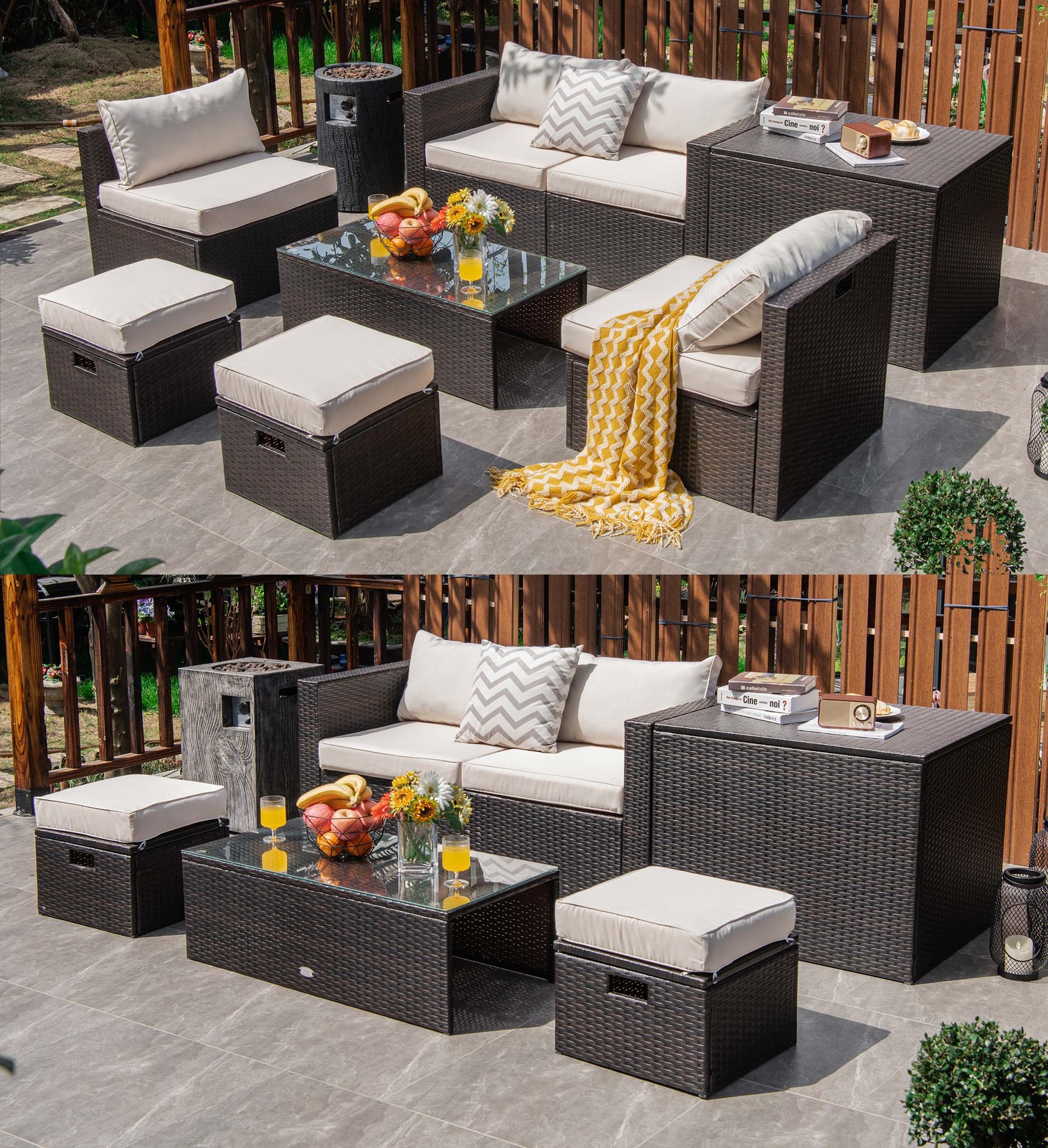 Patiojoy Patio 8PCS Rattan Furniture Set Space-Saving Storage Cushion Off White