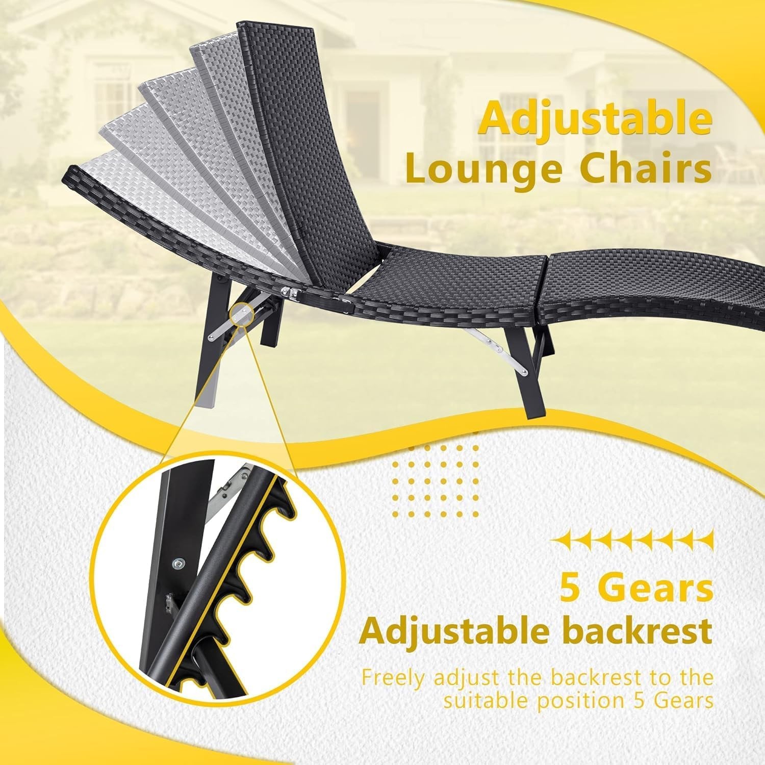Set of 2 Patio Chaise Lounge Chairs Folding Wicker Reclining with Cushions Pool