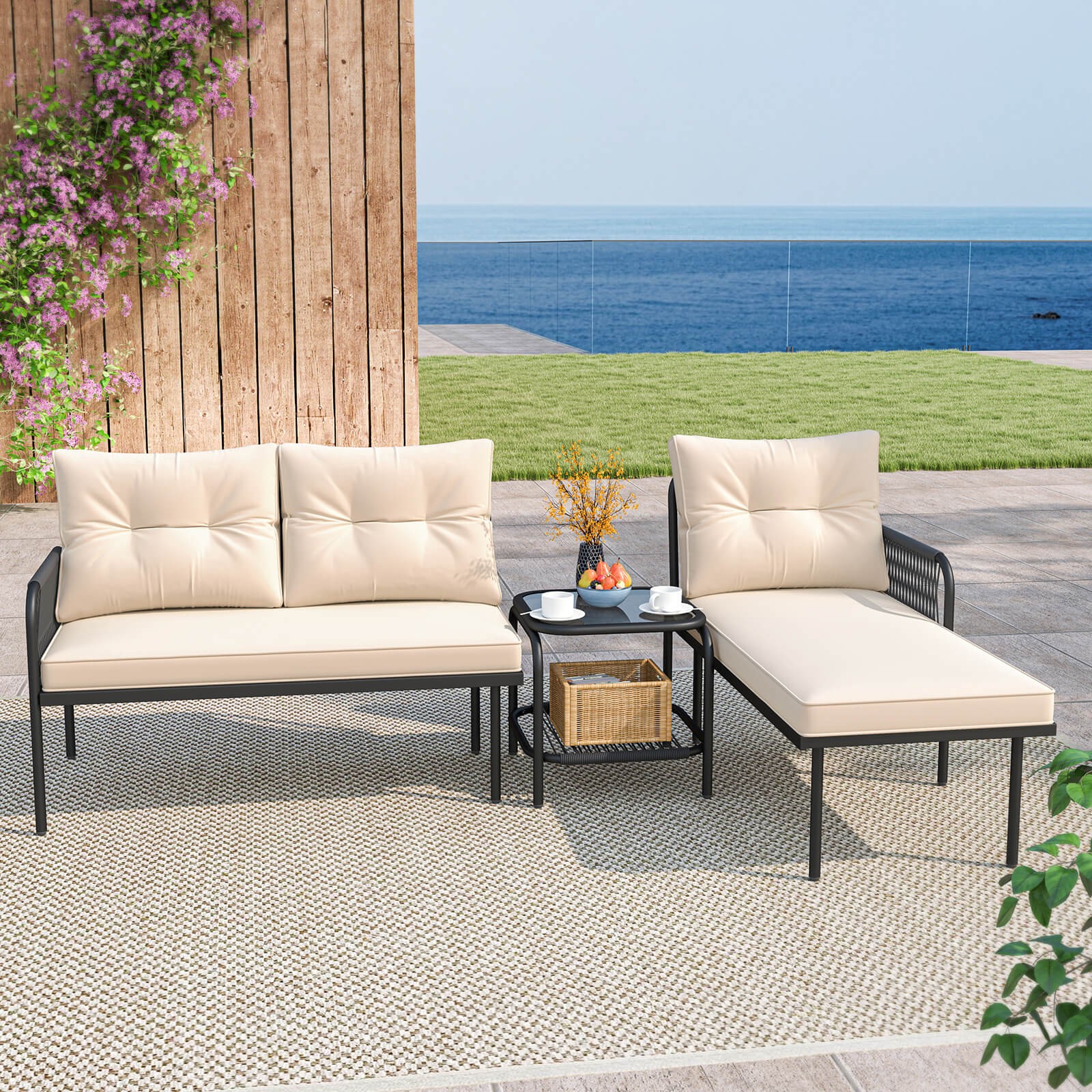 3PCS L Shaped Patio Furniture Set w/Tempered Glass Table Back & Seat Cushions