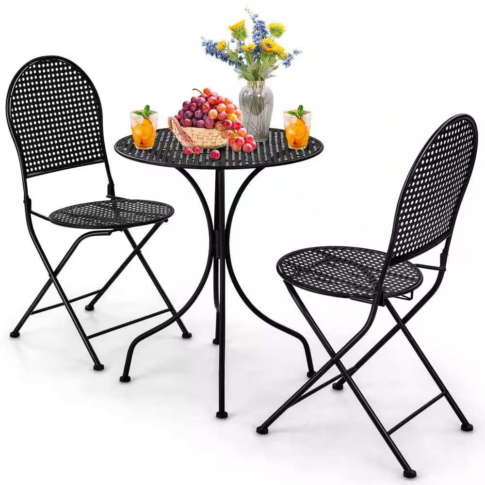 3-Piece Metal Patio Conversation Set Table and Folding Chair