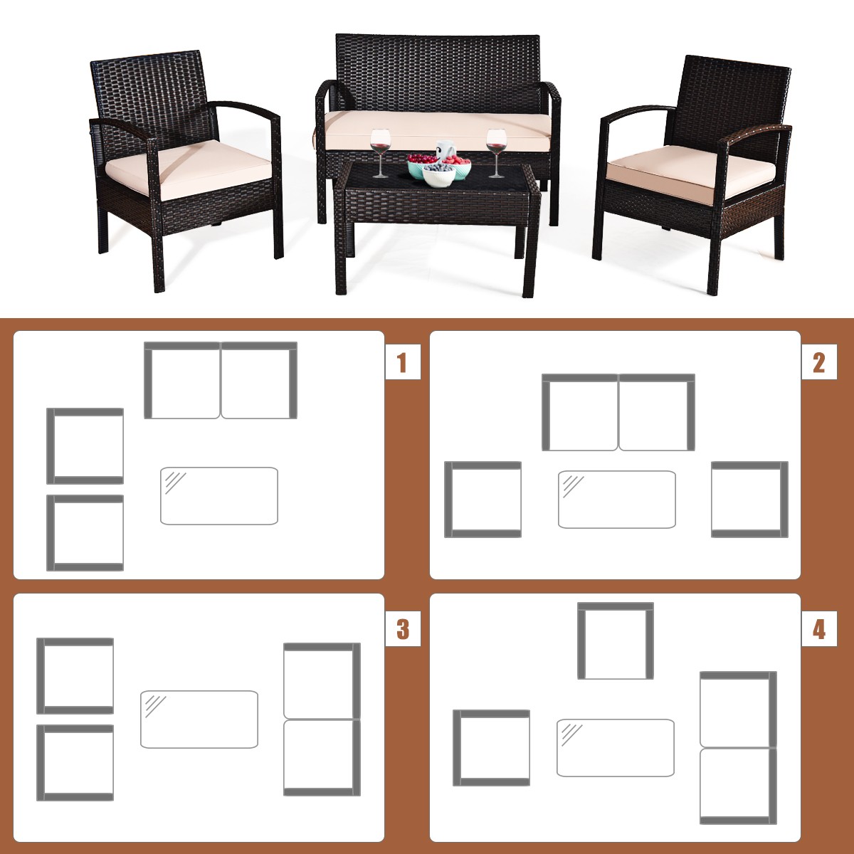 Patiojoy 4PCS Poolside Rattan Conversation Furniture Set Soft Seat Glass Table