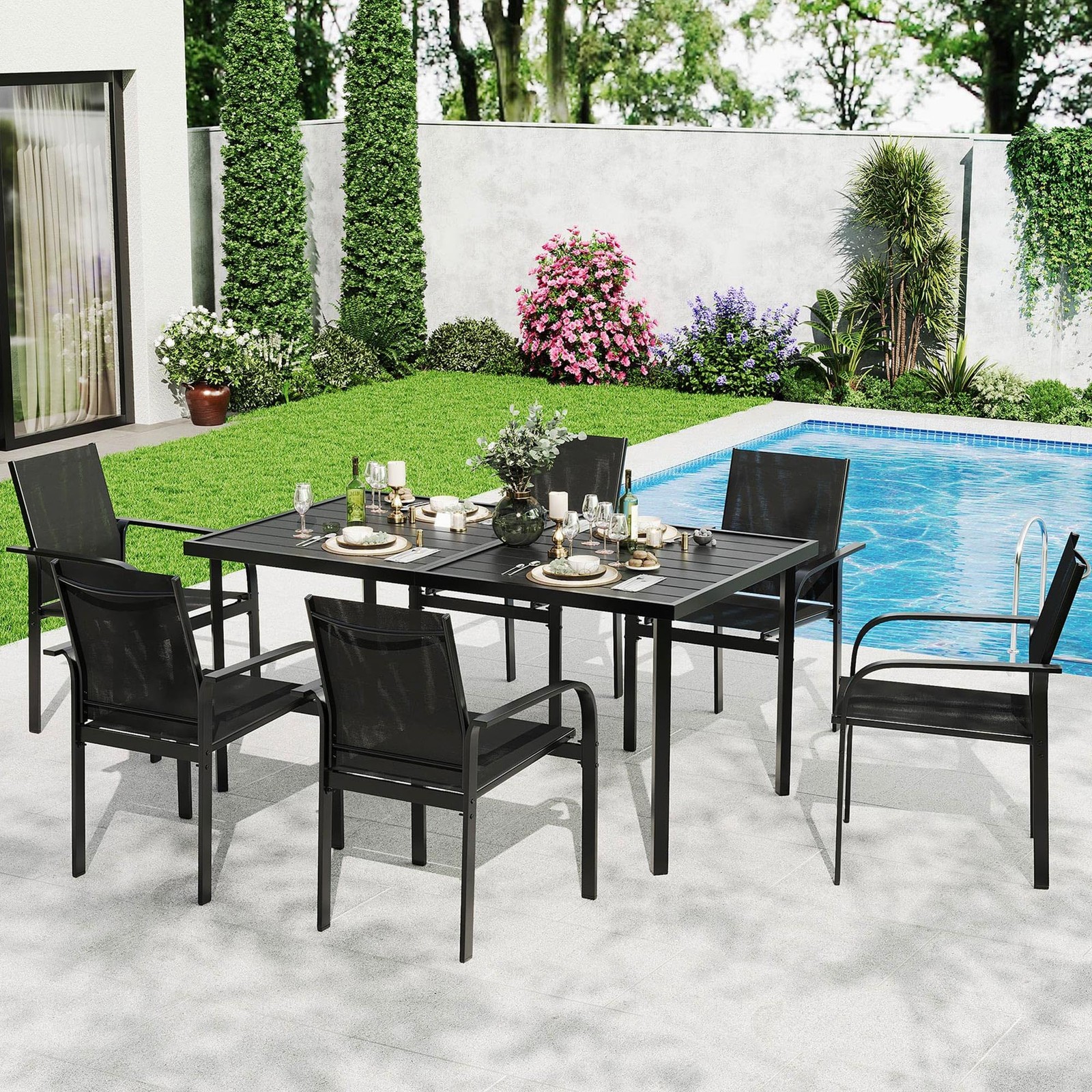 7 Piece Outdoor Patio Dining Set Furniture Backyard with Metal Table 6 Chairs