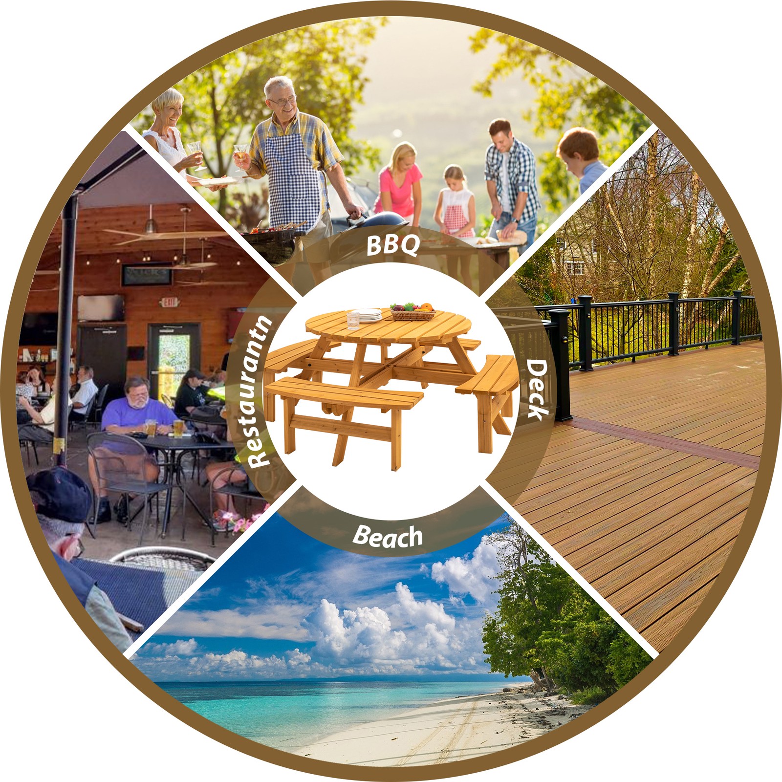 8-Person Wooden Picnic Table Set Heavy Duty 2220lbs Garden Camping Natural