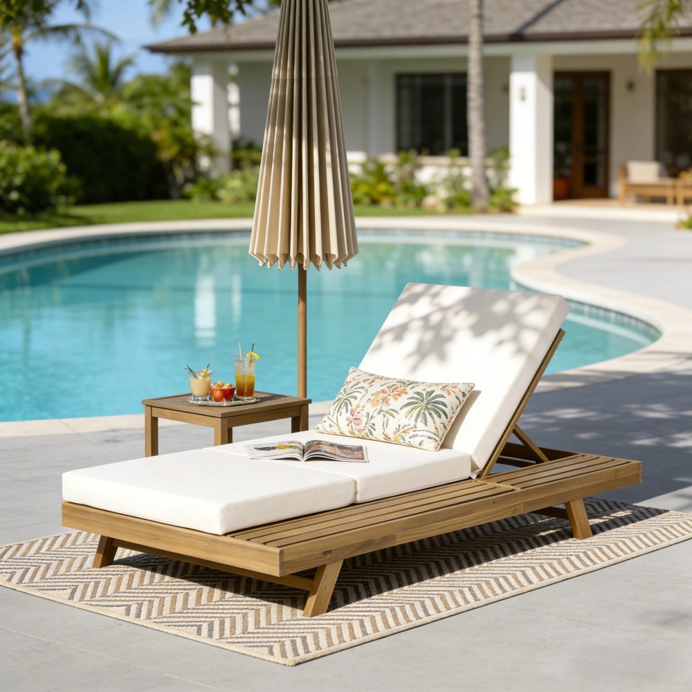 2-Pc Acacia Solid Wood Outdoor Chaise Lounge Set w/ Cushions