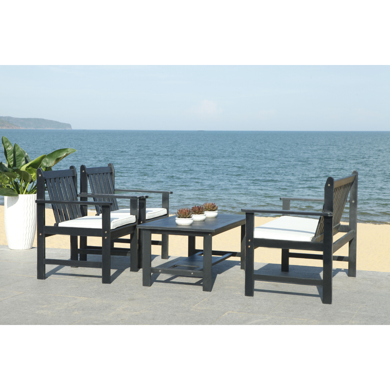 SAFAVIEH Outdoor Collection Burbank 4-Piece Patio Set | Black/Beige |