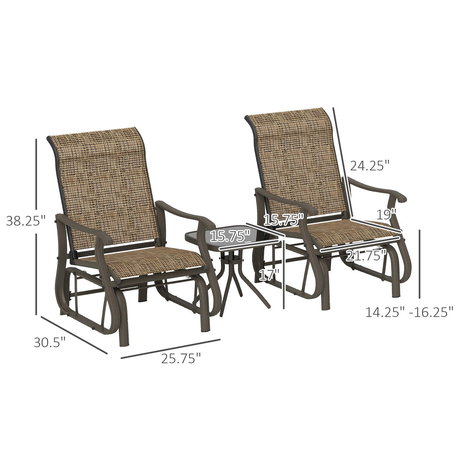 2-Person Gliding Rocking Chairs & Bistro Tea Table Garden Swing Seat Mixed Brown